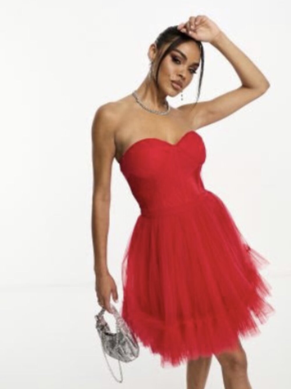 Lace & Beads corset tulle overlay mini dress in red